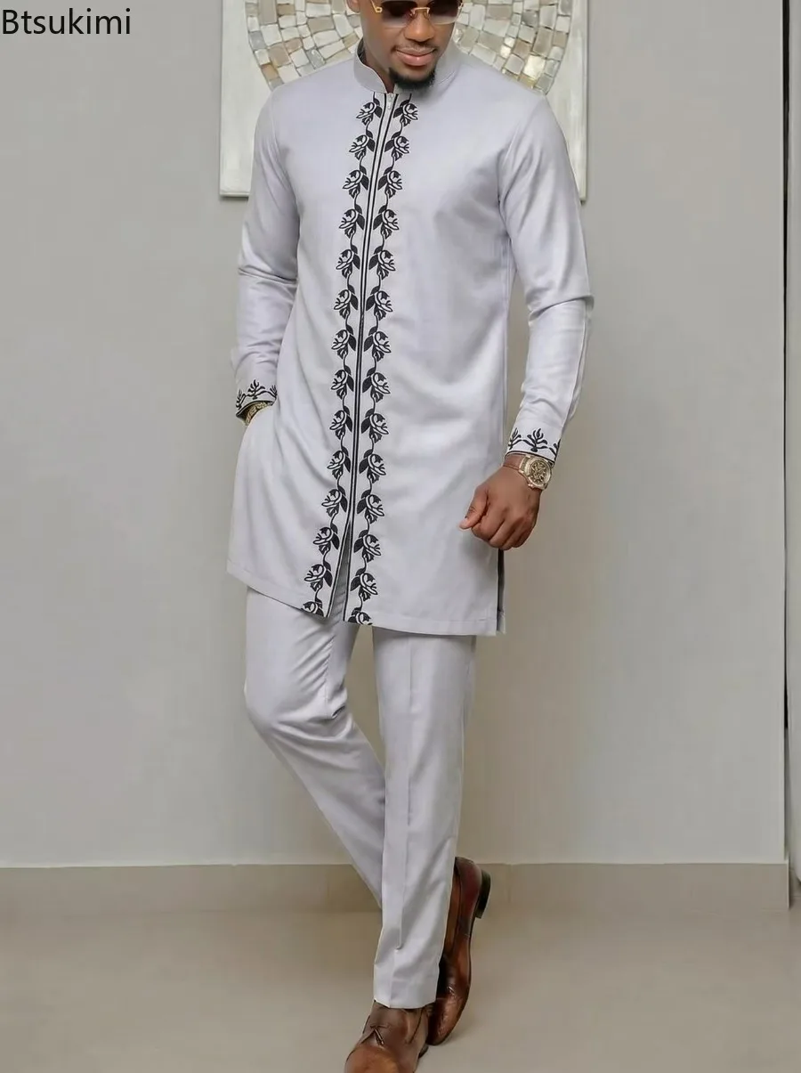 Men's Kaftan Elegant African Suit Two-piece Sets  Agbada Dress Wedding Jacket and Trousers Wedding Suit African Ethnic Style Set
