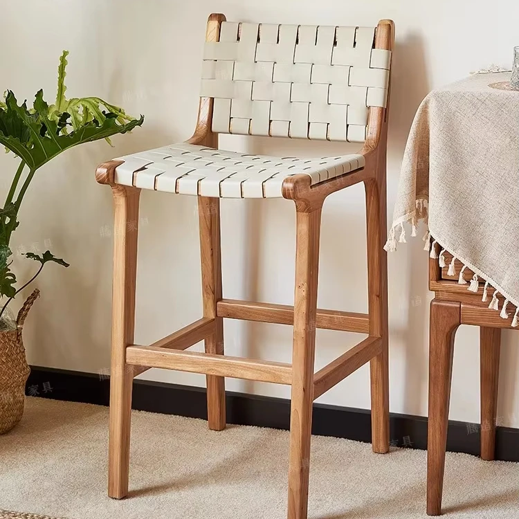 Modern Home Bar Stool with High Footrest Solid Wood Rattan Decoration Dining Apartment Suitable for Home Office Bathroom Use