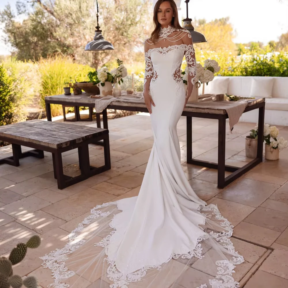 Customized Dreamy White Lace Appliques Wedding Dress For Woman Bride Sparkling Beaded Satin Mermaid Off Shoulder Bridal Gown