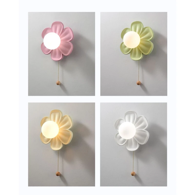 Pink Green White Flower Petal Wall Lamps Children\'s Room Princess Room Lamp Modern Cream Style Girl Bedroom Bedside Wall Lights