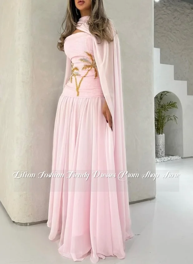 

Customised Middle Eastern Evening Pink Prom Dresses Embroidered Linen Gowns Removable Shawl Muslim Dresses Islamic