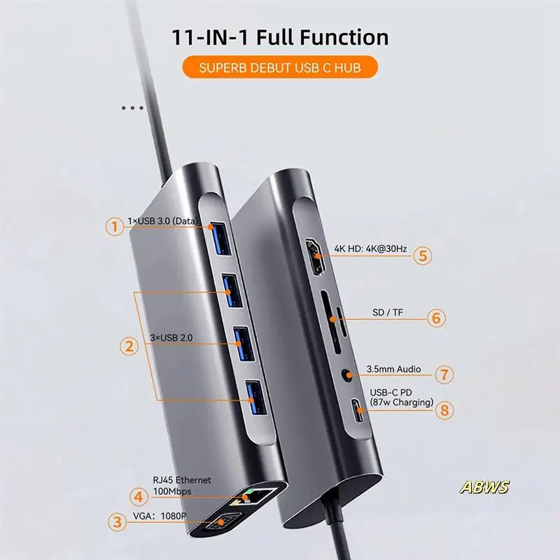 

11 In 1 Type-C USB 3.0 Hub Multi-Port Laptop Docking Station Type C To 4K VGA PD RJ45 For Pro Air