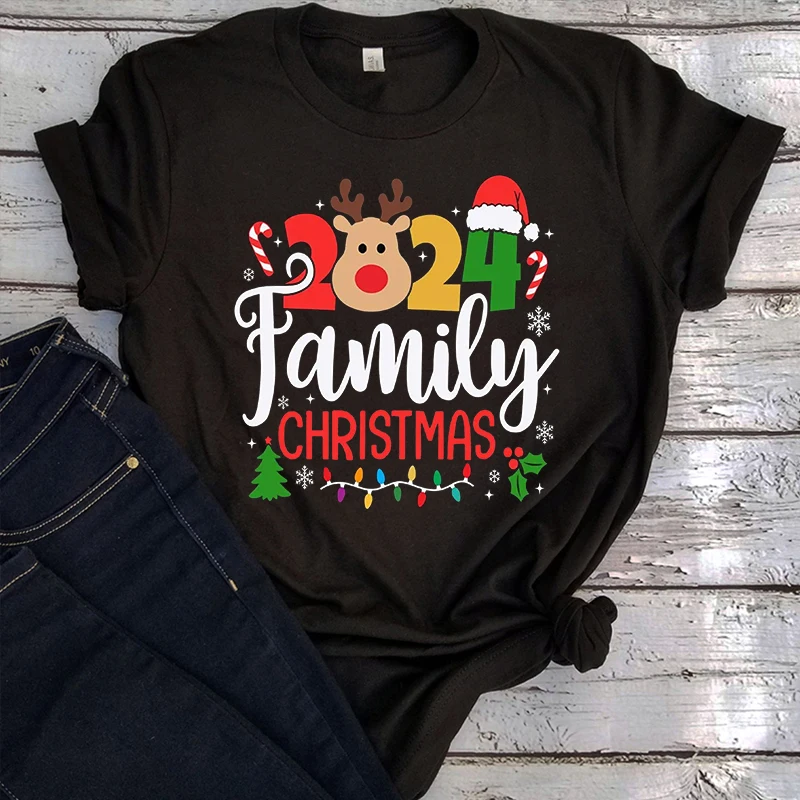 Family Christmas 2024 Tshirt  Aesthetic Reindeer Vintage Clothes Matching Family Party Christmas Graphic Tops