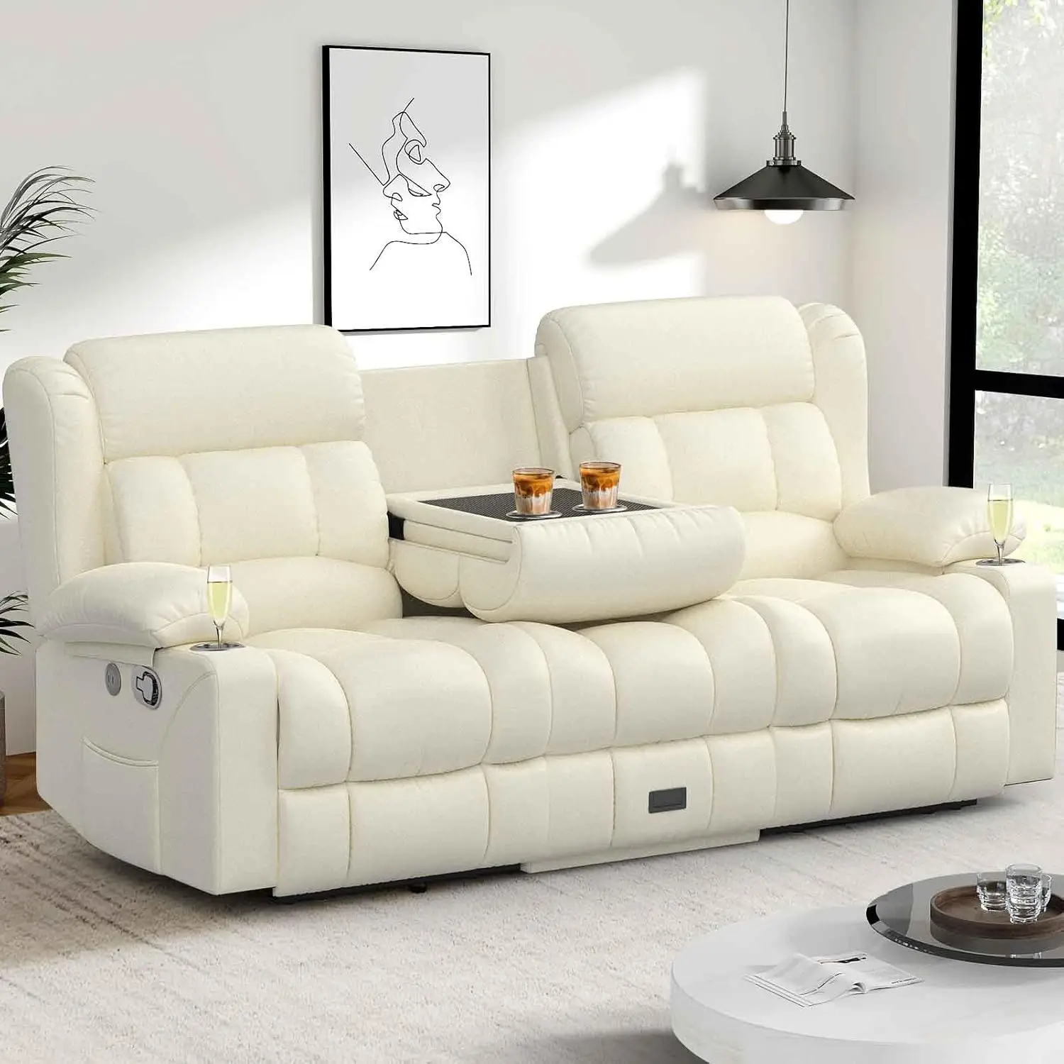 

2-Seater Recliner Loveseat Flip Middle Backrest Gray Reclining Sofa Storage Drawer USB Ports Cup Holders For Living