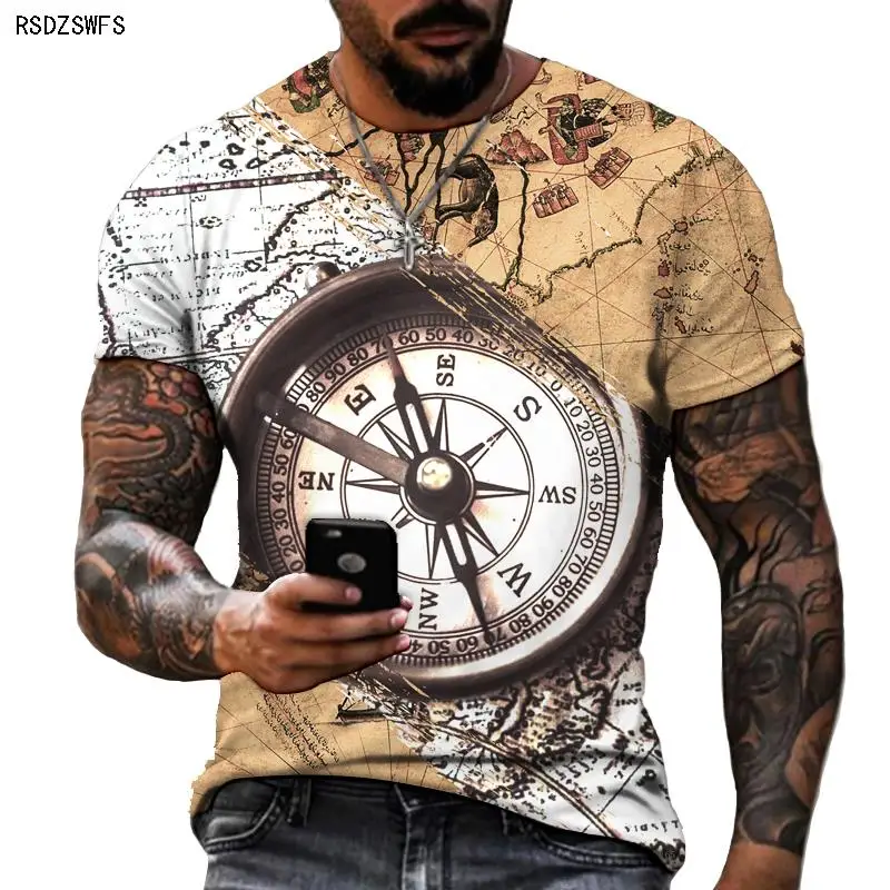 Hot Style 2022 Spring And Summer New Short-sleeved Retro Guide Certificate Compass 3D Printed T-shirt Street Trend Oversized Top