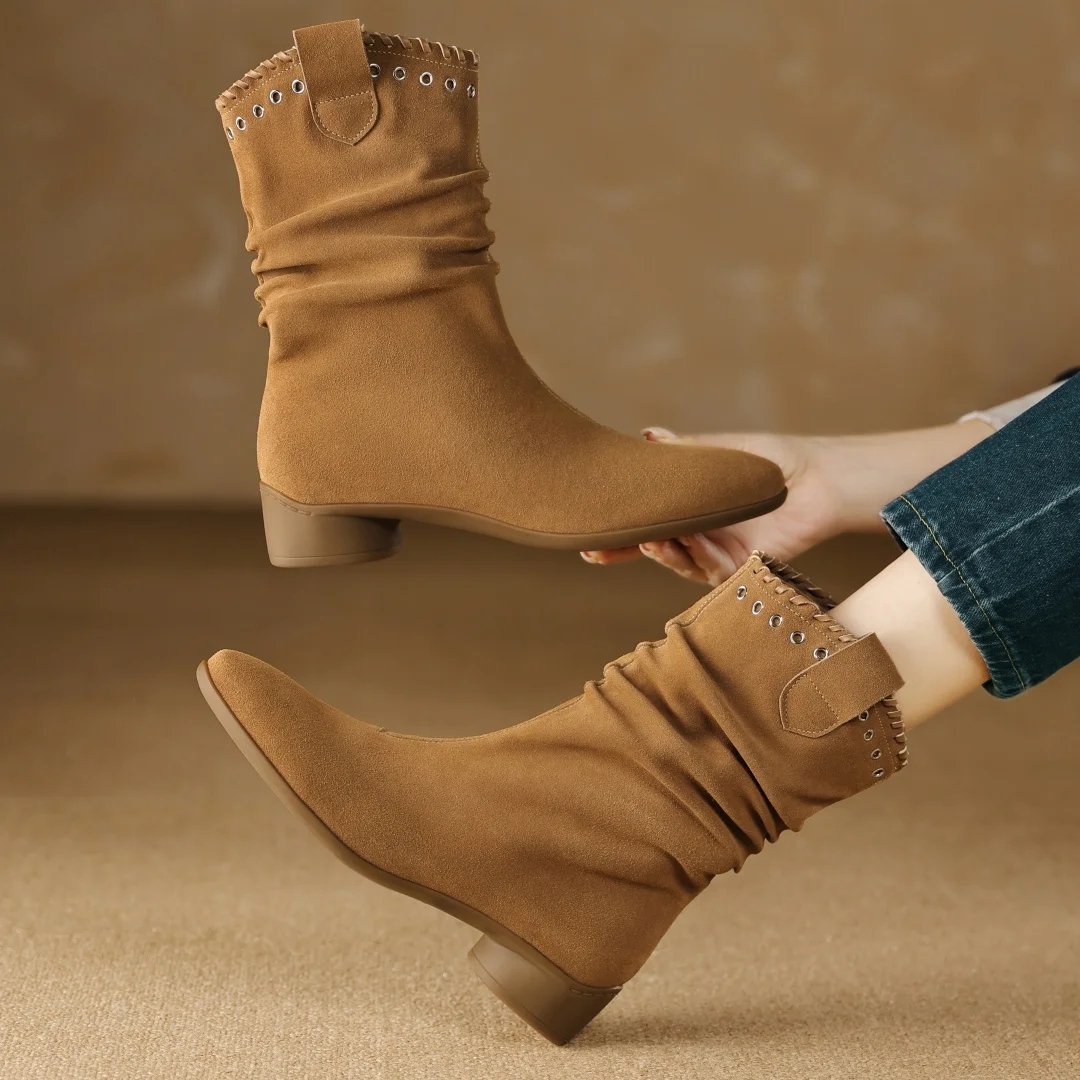 

Women's natural suede leather round toe rivet pleated slip-on autumn ankle boots 3cm round low heel casual female short booties