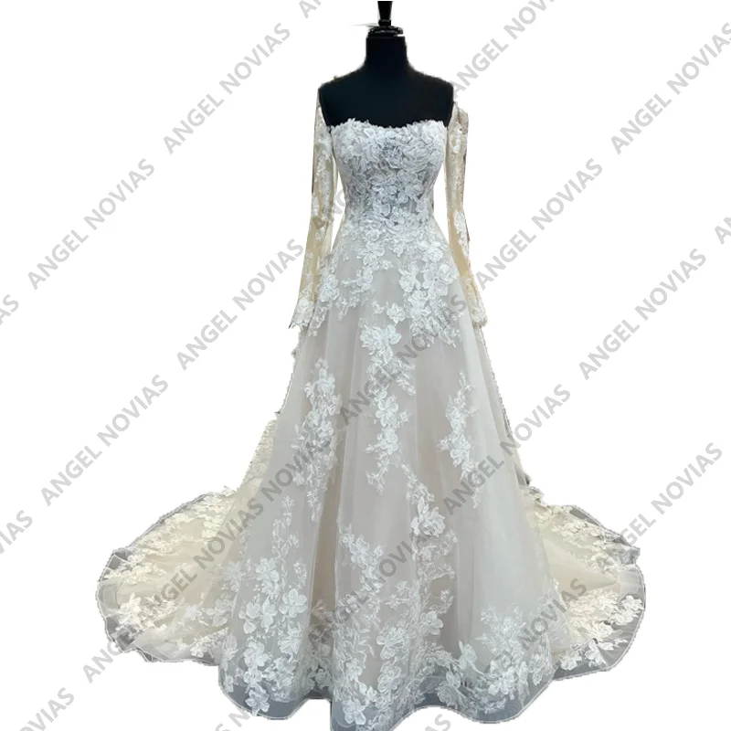 Angel Novias Long Sleeves A Line Lace Wedding Dresses Bridal Gown with Appliques Customizable Party Dress