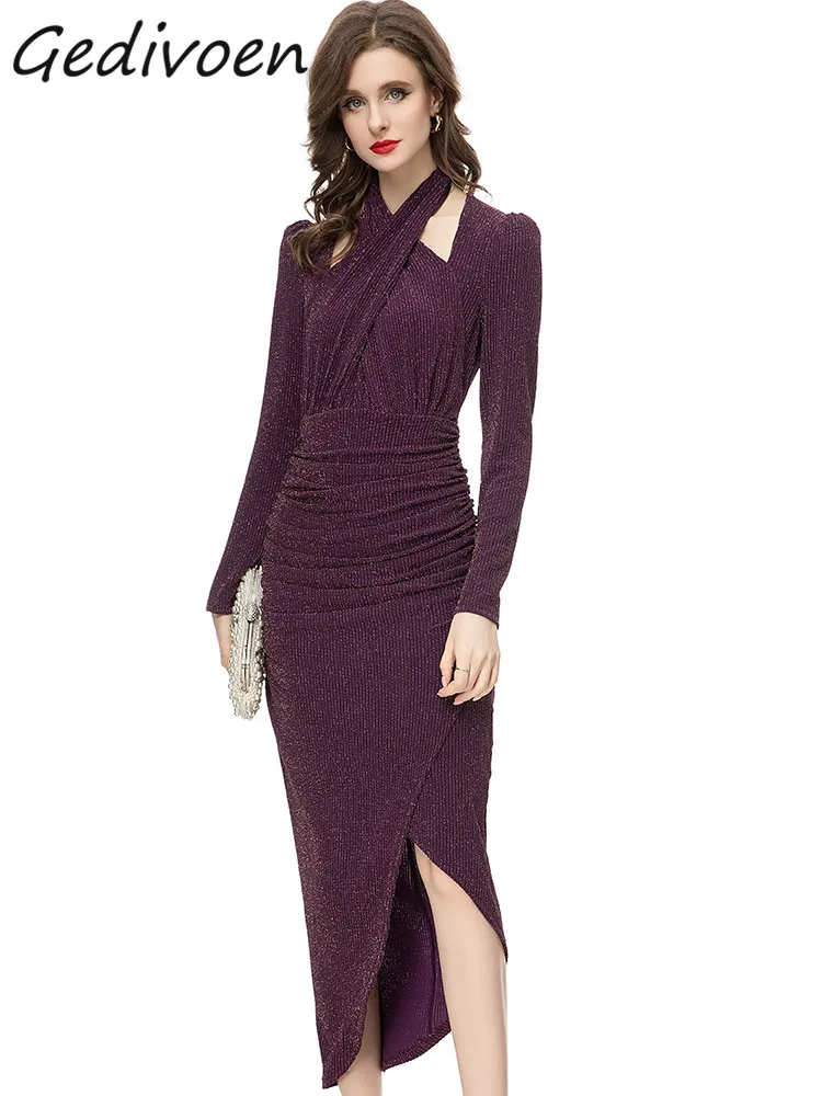 

Gedivoen Spring Fashion Designer Purple Vintage Knitted Dress Women V Neck Cross Hollow Out Package Buttock Slit Slim Long Dress