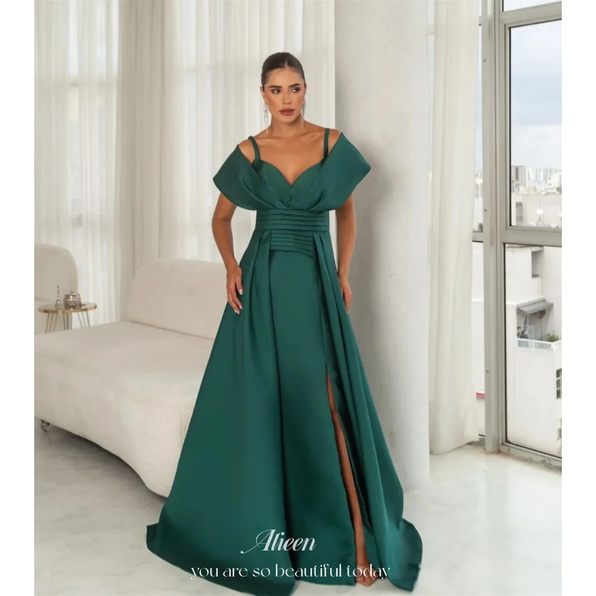 Aileen Green Evening Dresses A-Line Off Shoulder Short Sleeve Prom Dress Emerald Draped Bodice Ruched Natural Long Customized