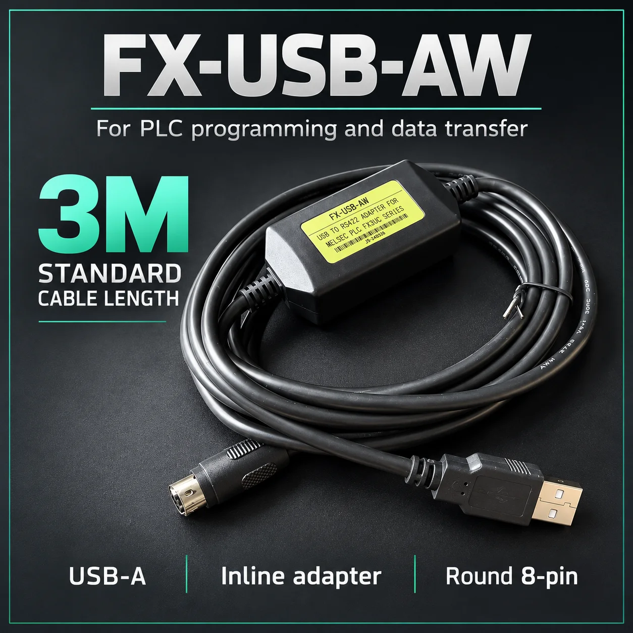 FX-USB-AW 3M USB PLC Communication Adapter for Mitsubishi FX3G FX3UC FX3SA Program Download Cable 8 Pin
