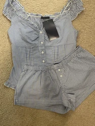 Blue Plaid Buttons T-shirt Shorts Set Woman Ruffles Puff Sleeve Slim Tees+Straight Sweatshorts Cotton Home Pajama 2 Piece Sets