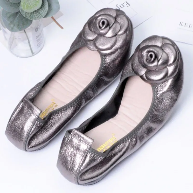 Womens Mother Woman Flats Shoes Loafers Genuine Leather Slip On Summer Female Ladies Round Toe Size 34-44 Flower Adornment