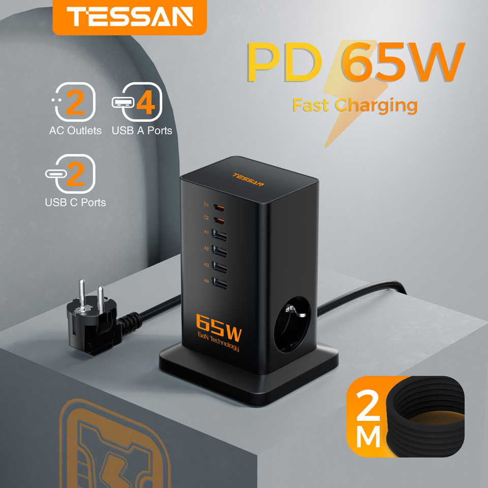 TESSAN PD 65W Fast Charging Power Strip GaN Tower Power Socket with 6 USB Ports 2 AC EU Plug Charging Station for Phone Pad Desk