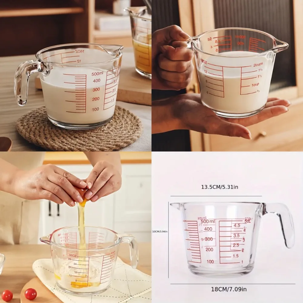 

500ml Heat-Resistant Glass Measuring Cup, Precise Scale, Microwave & Oven Safe, Ergonomic Handle, Perfect for Baking, Cooking, M