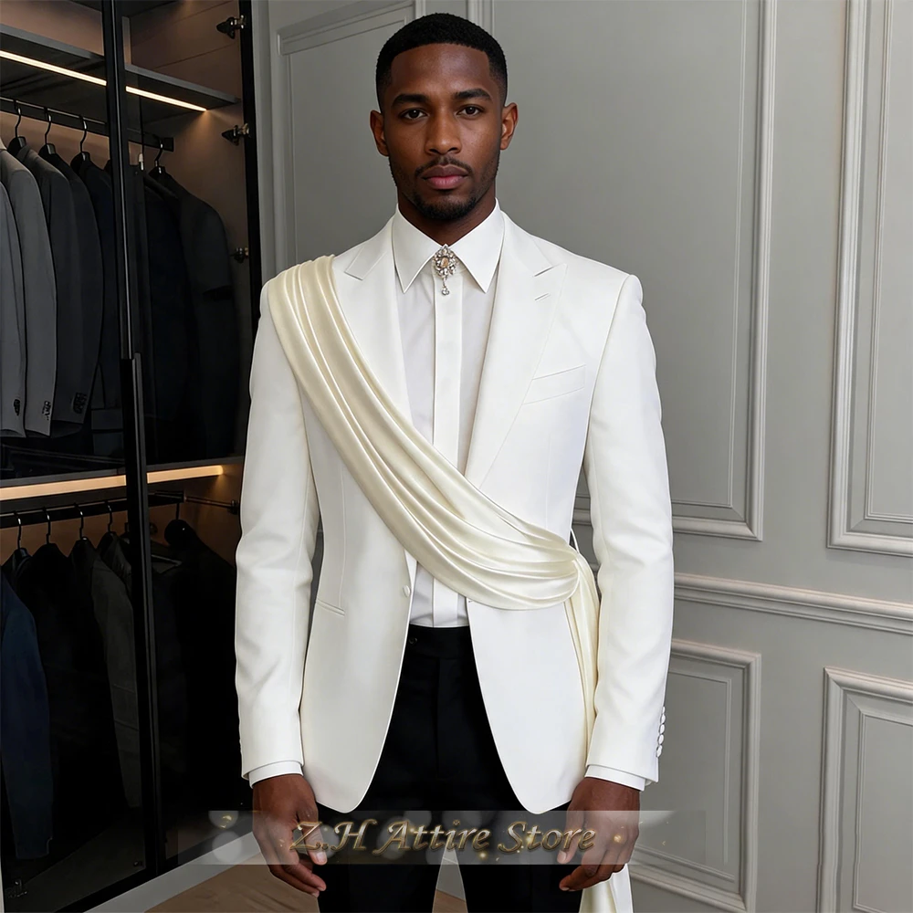 Premium Men's 2-Piece Suit Set Ivory Jacket Black Pants with Cream Sash Designer Tailored Set for Church Wedding Groom Tailcoat