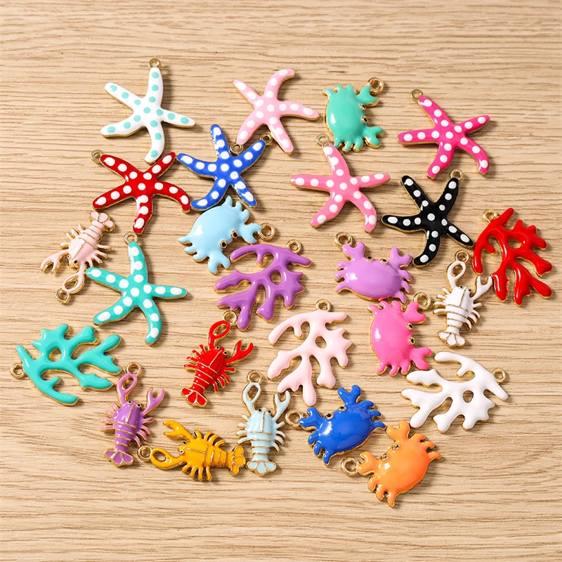 10 Stück süße Mix Marine Life Charms Emaille Seestern Hummer Krabbe Charms Anhänger für Schmuckherstellung Halsketten Ohrringe DIY Geschenke