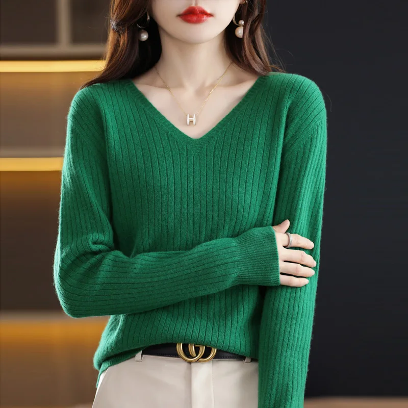 V-Neck Knitted Pullover Pit Strip Undercoat Autumn Winter New Women Long Sleeve Short Sweater with Loose Fashion Slim Fit Inside