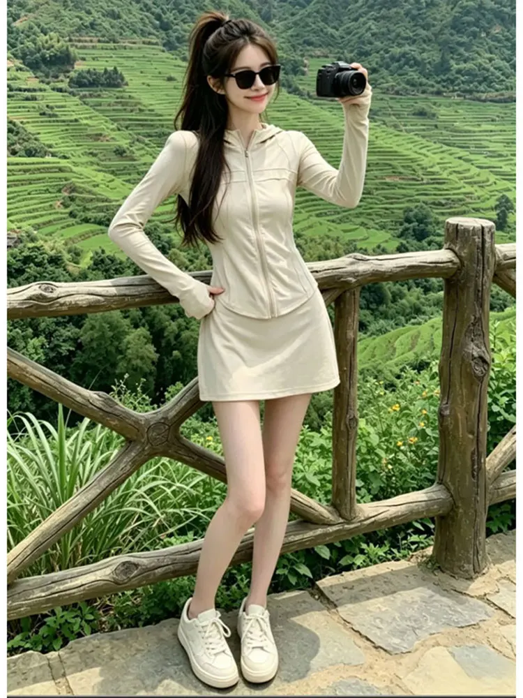 

Casual High Waist Short Skirt Set for Women Summer New Style Long Sleeve Hoodie Slim Fit Two Piece Suit Breathable Comfortable