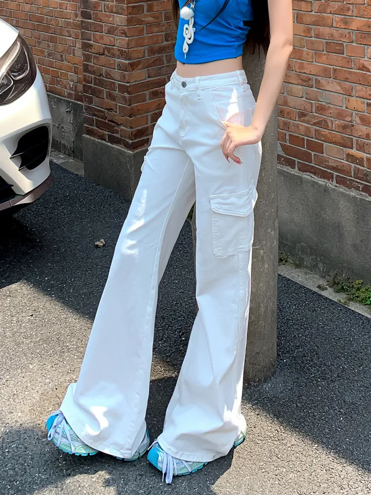 White Low Rise Waist Denim Cargo Jeans Women Y2K Streetwear Summer 2025 Fashion Casual Wash Elastic Pocket Flared Jeans Femme
