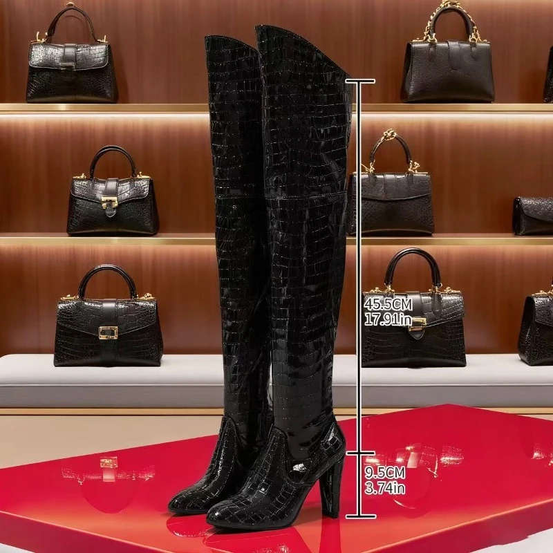 Sexy Women's Over Knee High Boots Black Square Toe Kitten Heel Knee High Boots Luxury Nightclub Boots Women