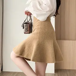 Autumn Winter New High Waist All-match Solid Color A-line Skirt Knitting Simplicity Fashion Skirts Vintage Elegant Women Clothes