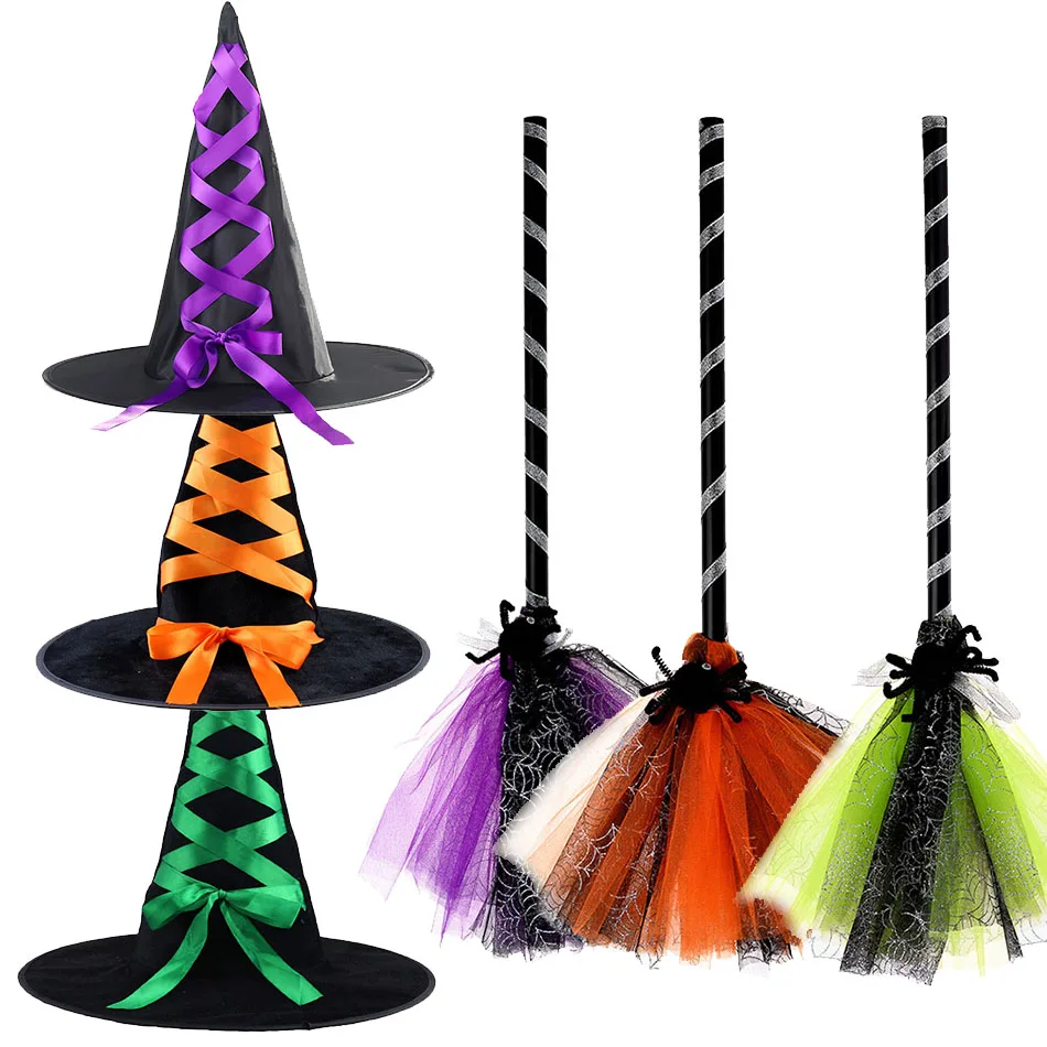 Boys Girls Halloween Witch Hat with Broom Children Performance Photography Props Kids Wizard Cosplay Costume Party Accessories