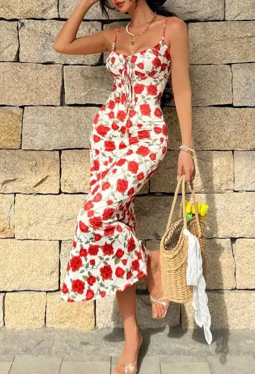 

Women's Dress Retro French Romantic Seaside Vacation Style Female Sexy Lace Up Waist Floral Wrap Chest Slimming Long Dresses