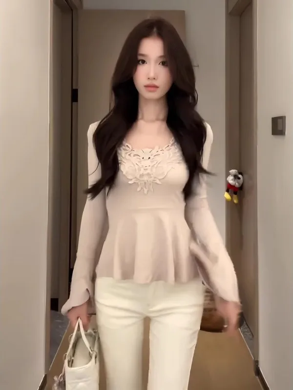 

Женская футболка больших размеров в американском стиле с длинным рукавом, кружевными вставками, облегающая, базовый слой, осенне-зимняя, модная, для повседневной носки