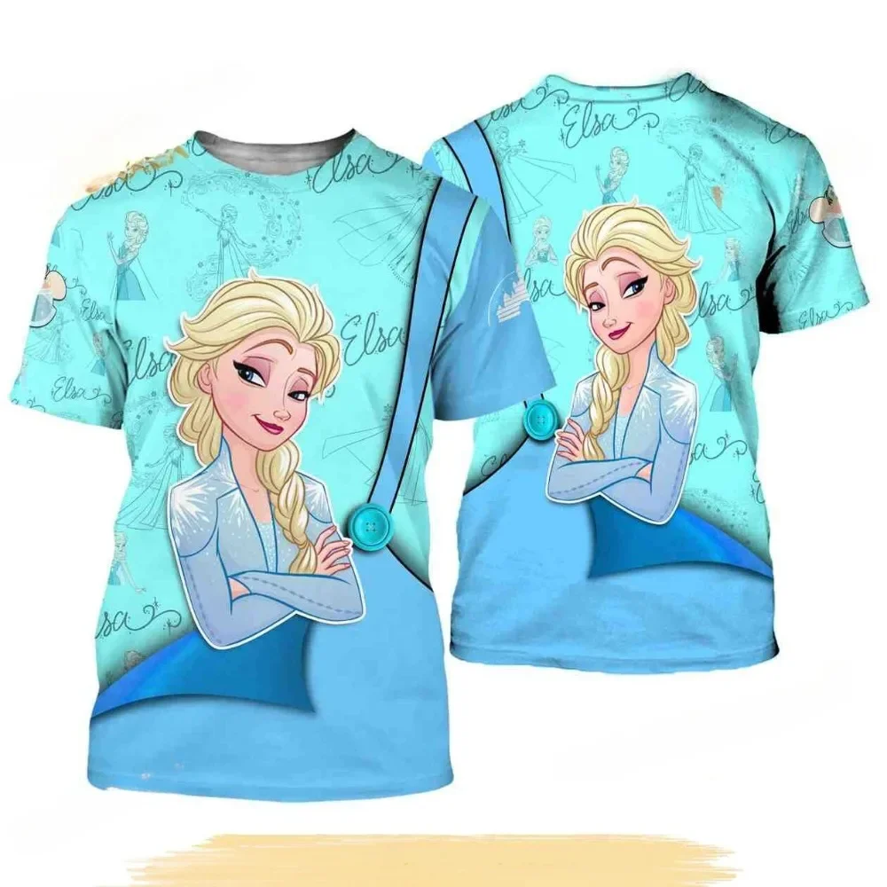 

3D-printed Princess Elsa frozen blue button work pants pattern Disney T-shirt Summer men's and women's T-shirt top