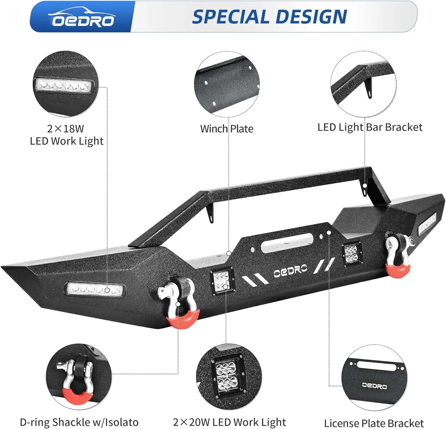 Front Bumper, Compatible for 2007-2018 Jeep Wrangler JK & Unlimited, Rock Crawler Bumper with Winch Plate Mounting & 4 x L