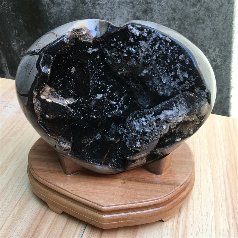 

5670g Larger Natural Septarian Stone With Selenite Carving Heart Crystal Geode Cluster Septarium Egg Energy Home Decor +Holder