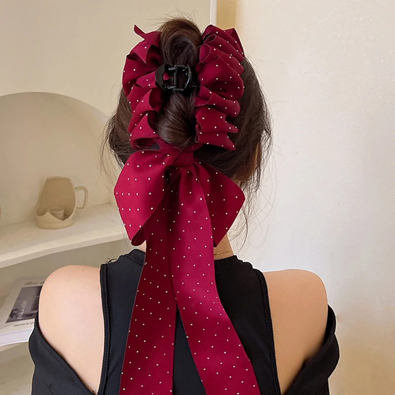 Star Dot Bow Ribbon Hair Claw Hairpin Wine Red Black Temperament Hair Crab Hair Clips Women Summer Fashion Hair Accessories