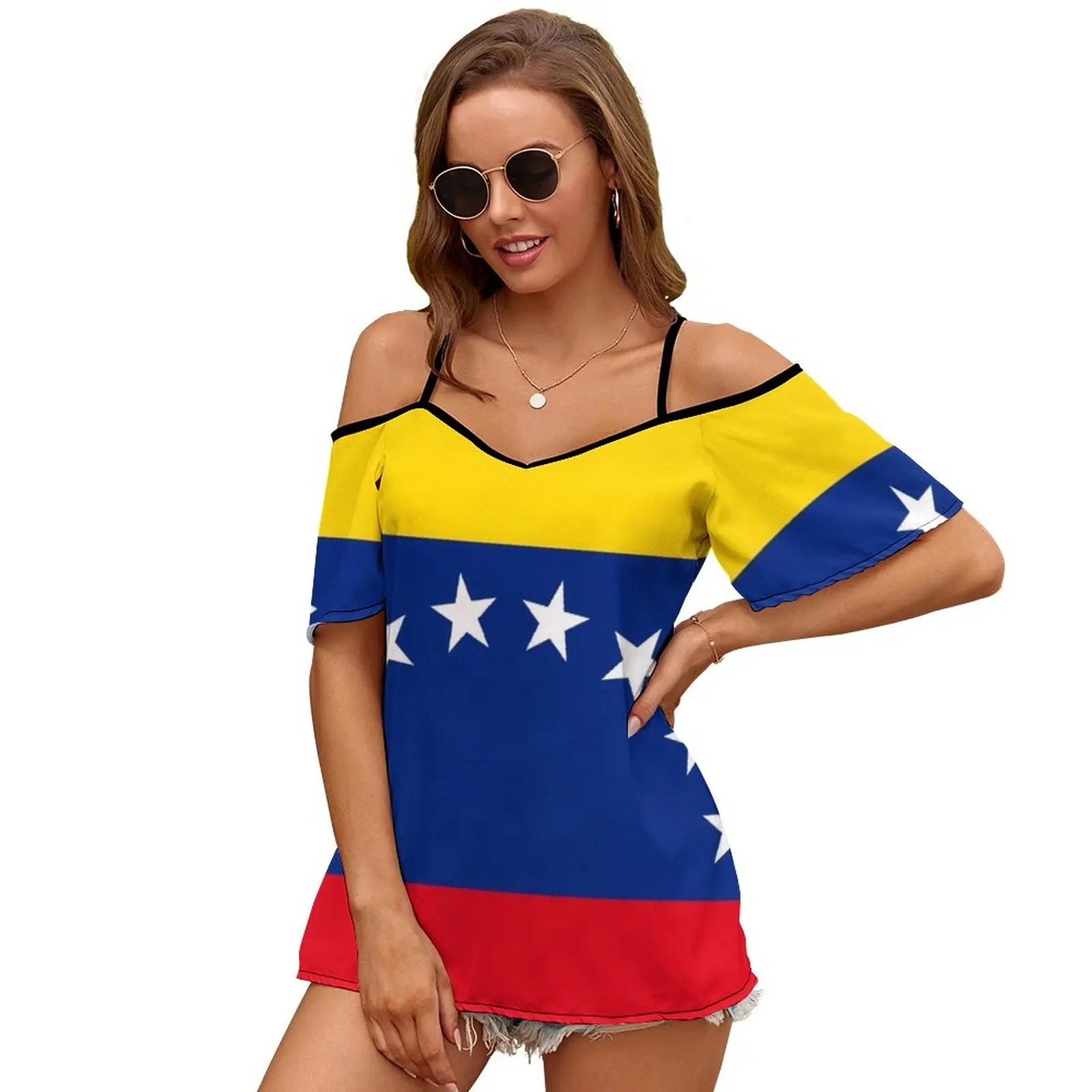 Flag Of Venezuela Women\'S T-Shirt Summer Fashion Print Floral V-Neck Zipper Tshirt Hollow Pullover Ladies Top Flag Of Venezuela