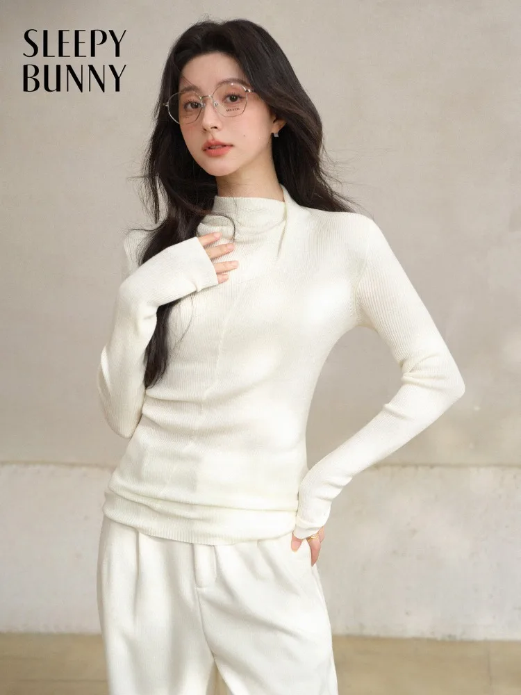

Slim Wool Knit Top Women Lady Elegant Mock Neck Sweater Soft Stretch Long Sleeve Tee Warm Design Daily Winter Layering Essential