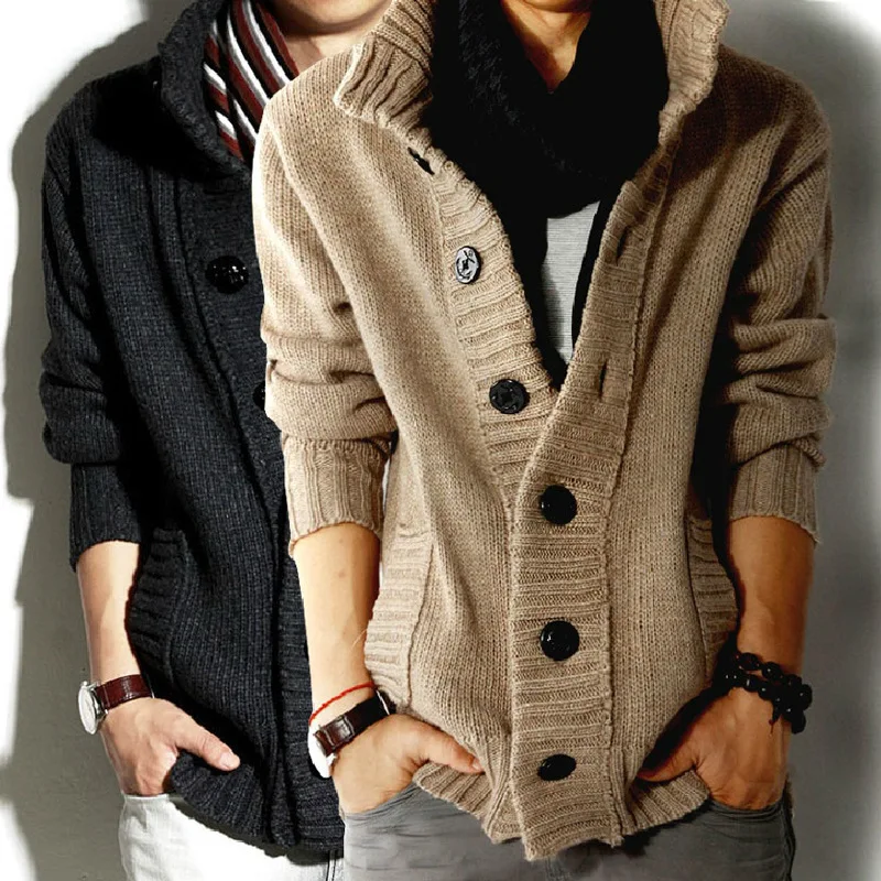 

Deep ey Button-Up Knitted Cardigan Coat Thi Yarn Collar Youth Casual Slim Fit Men's Faion Polyester Fiber Long Sve