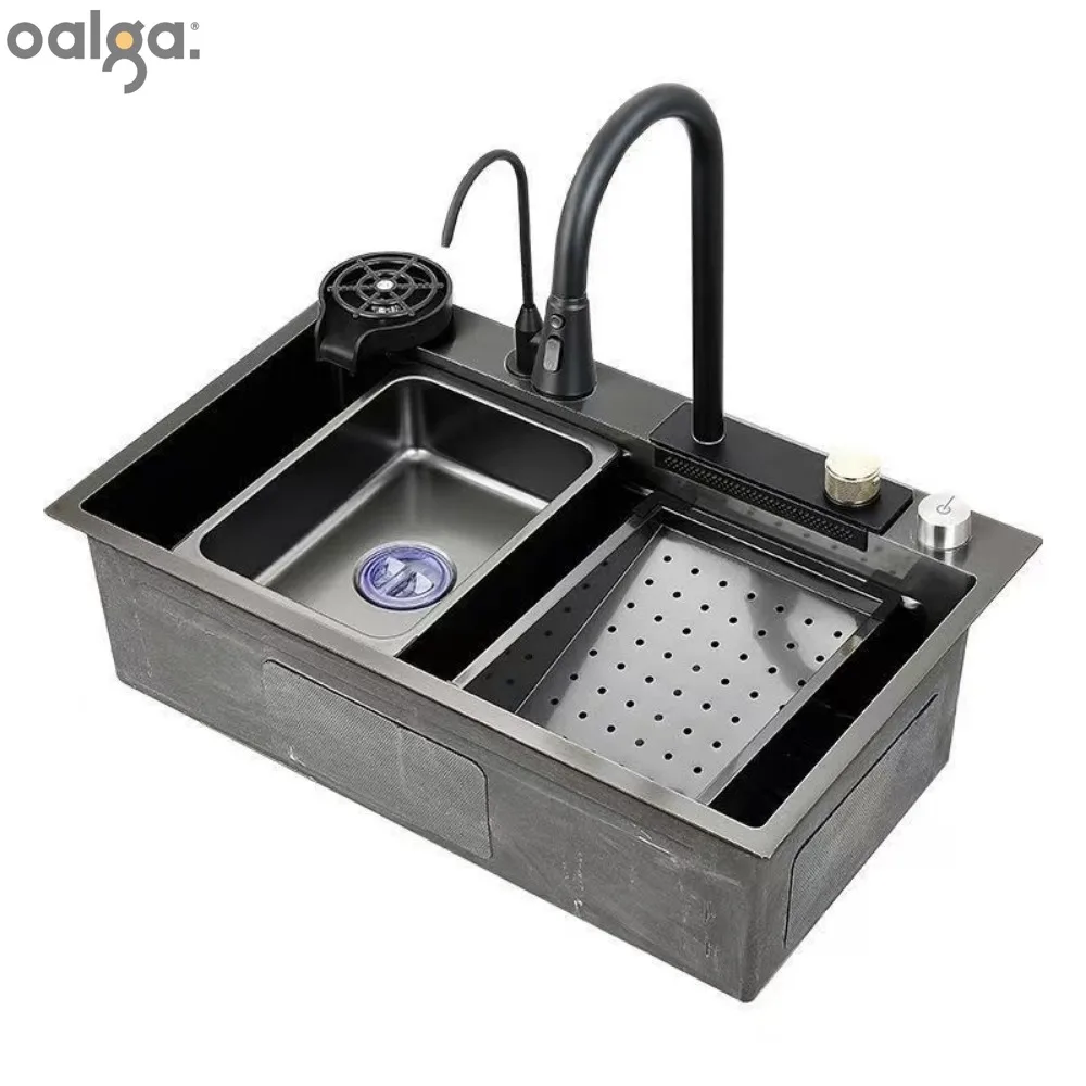 Stainless Steel Black Raindance Waterfall Kitchen Sink Large Single Bowl Wash Basin Sink Undercounter Topmount Faucet Drain