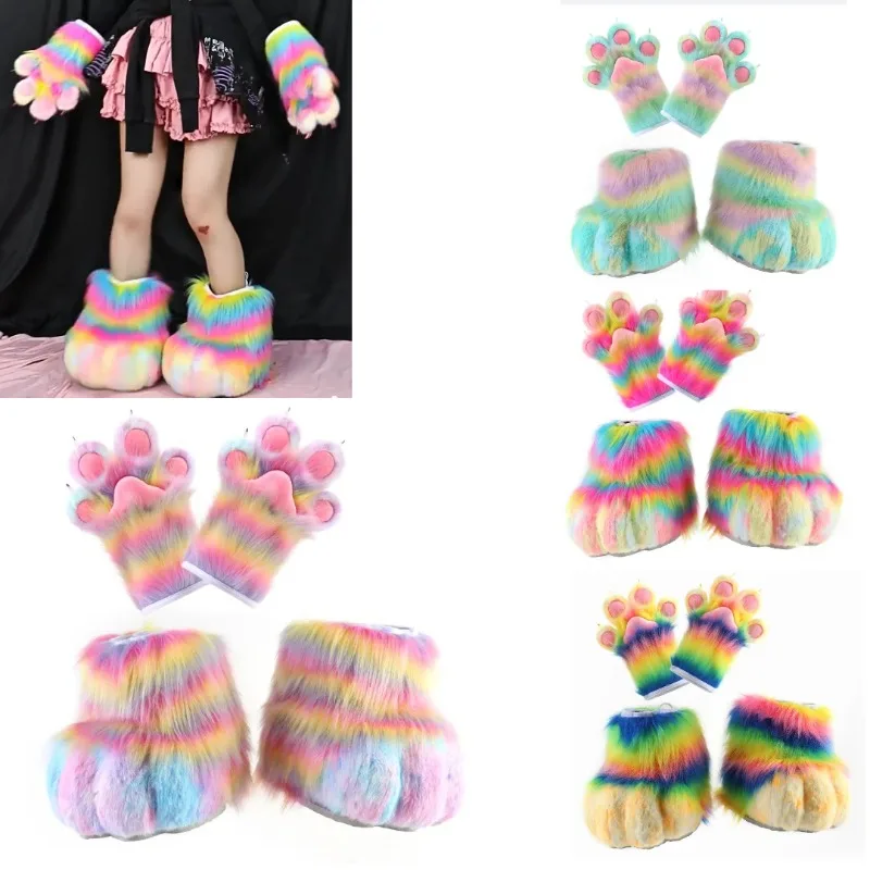 

New Furry Fursuit Shoes Cosplay Animal Colorful Gloves Shoe Kig Suit Kawaii Plush Nails Claw for Halloween Anime Party Outfits