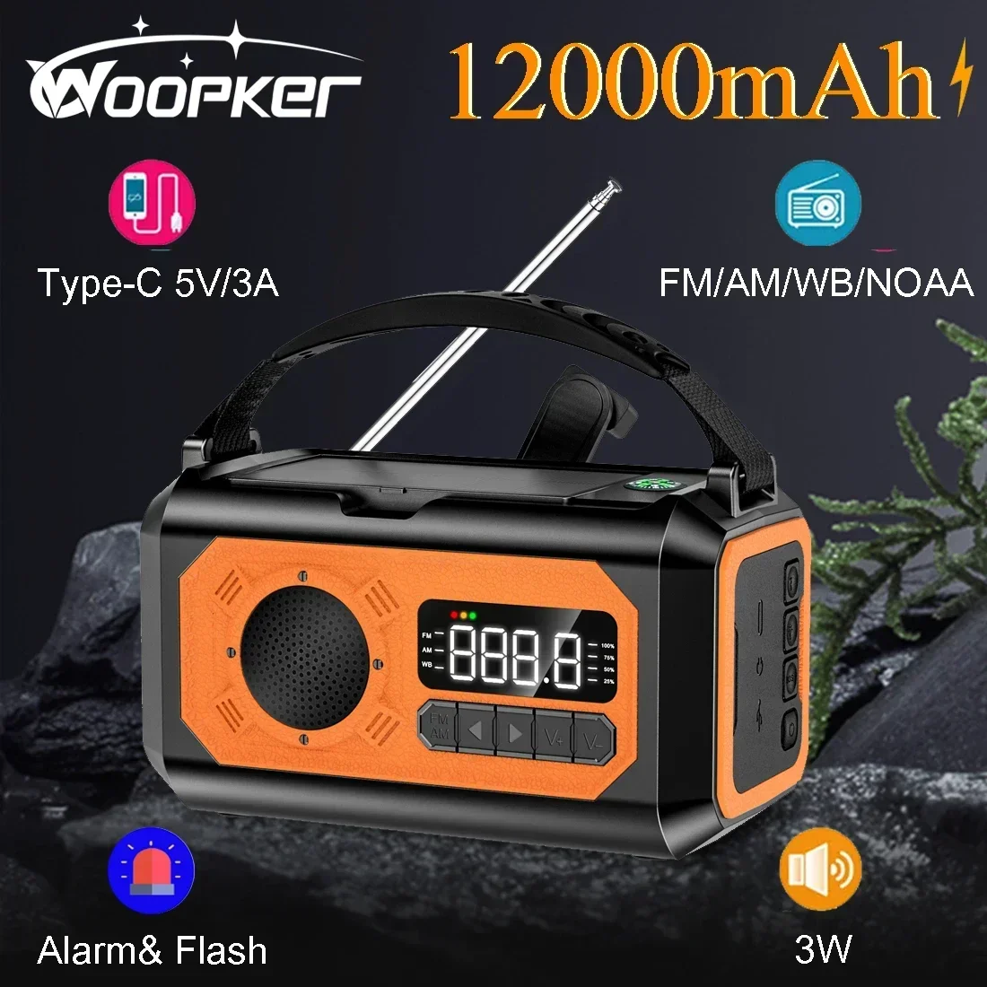 Woopker 12000mAh Noodradio Multifunctionele oplaadbare batterij 5V/3A Solar AM/NOAA/FM-radio met zaklamp Power Bank