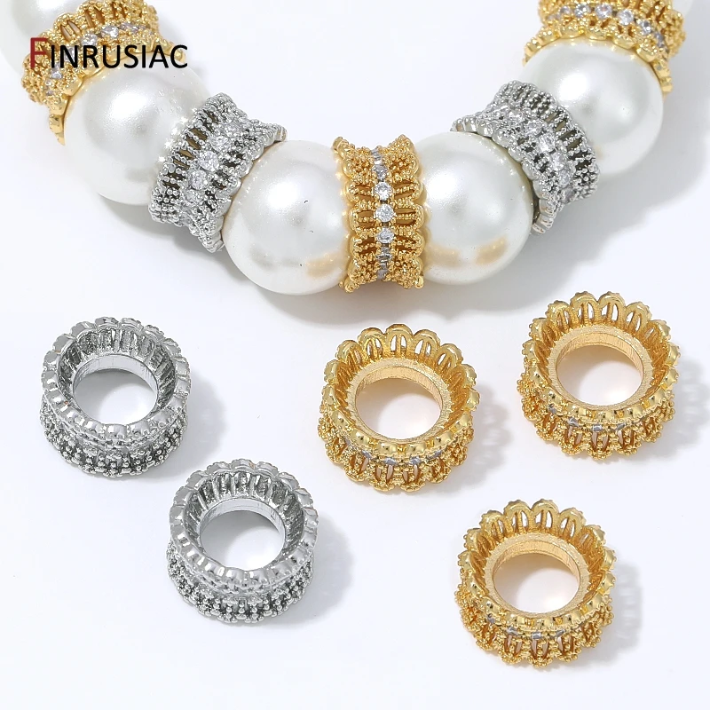 18K Gold Plated Brass Hollow Lace Spacer Beads Zircon Large Hole Metal Separator Beads For DIY Handmade Jewelry Making Findings