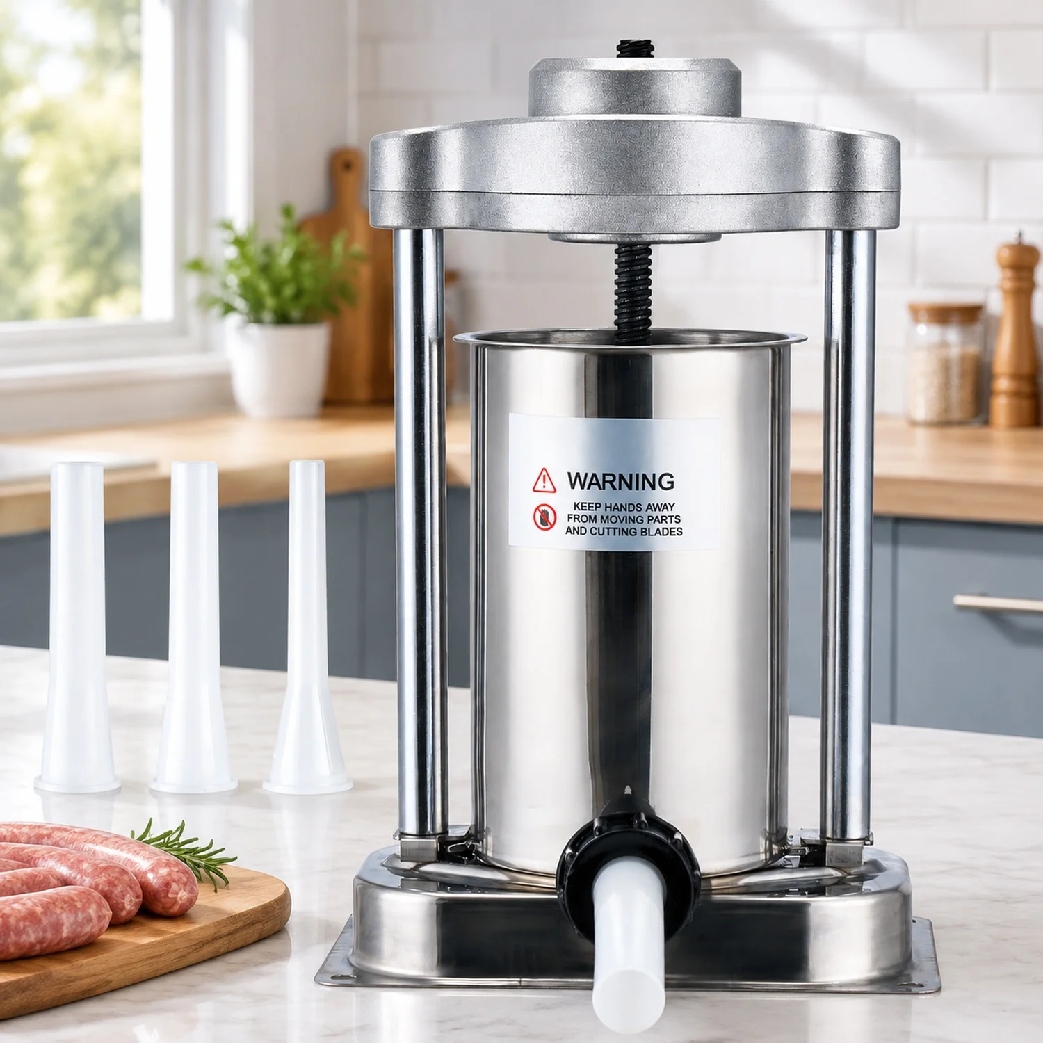Manual Sausage Stuffer, 2 L / 5 LBS Vertical Machine with G-type Clamp, Food-Grade 304 Stainless Steel Barrel 2 Stuffing Tubes
