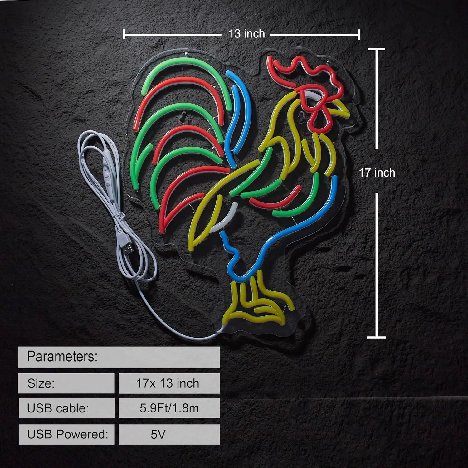 Rooster Neon Sign Chicken USB Dimmable LED Light Up Sign Wall Decor for Man Cave Beer Bar Game Room Lights