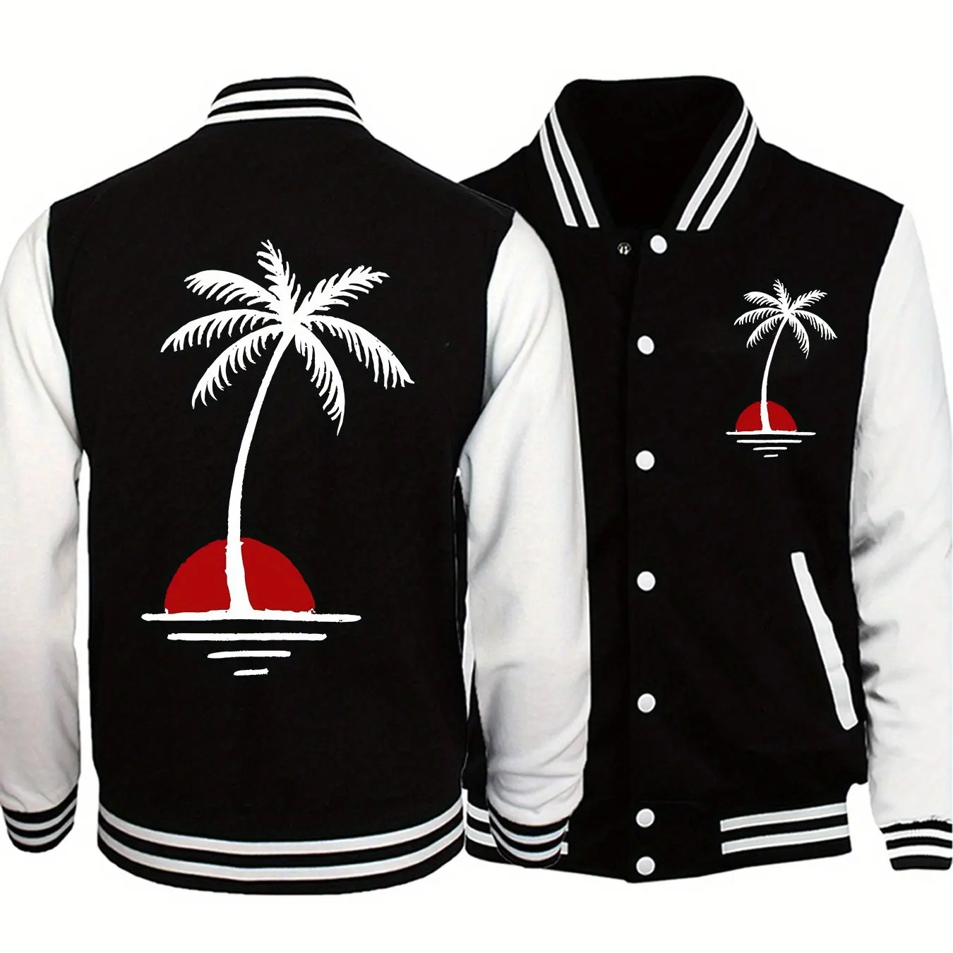 

Fashionable Black and White Jacket with Sunrise Pattern This Retro Baseball Jacket Combines Classic Aesthetics and Comfort