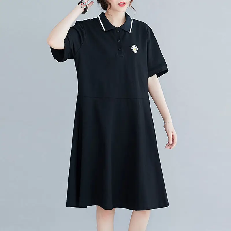 Frauen Kleidung Sommer Mode Stickerei Polo Kragen T-Shirt Kleider weibliche lässige Streetwear Kurzarm lose Midi-Kleid