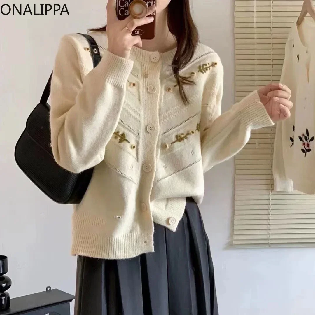 

Onalippa Small Fresh Embroidery Women Cardigan Hook Flower Gentle Wind Casual Knitted Cardigans Korean Contrast Sweet Sweaters