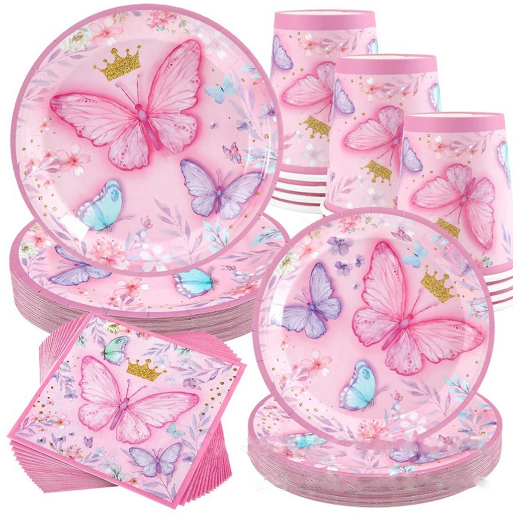 8Guests Pink Butterfly Disposable Tableware Crown Butterfly Paper Plates Princess Butterfly Happy Birthday Party Girl Babyshower