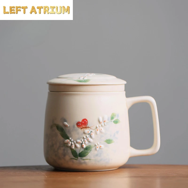 Chinese Style Ceramic Relief Butterfly Pattern Mug Personal Office Creative Teacup With Cover Filtered Tea Water Separation, 1Pc
