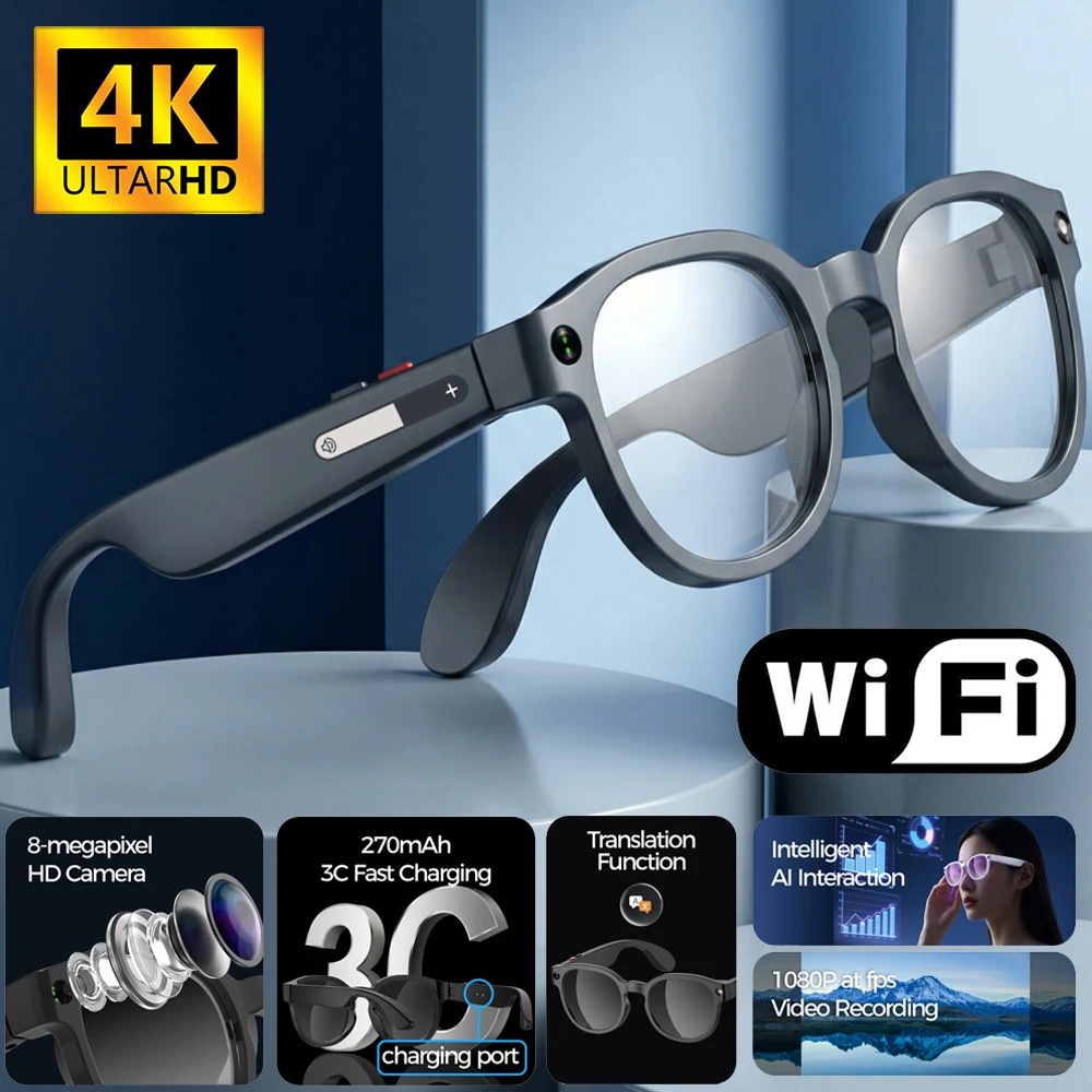 

2026 AI Smart Glasses AI Translation 8MP HD Camera 4K Shooting Image Conversation Recording Listening To Music Smart Glasses