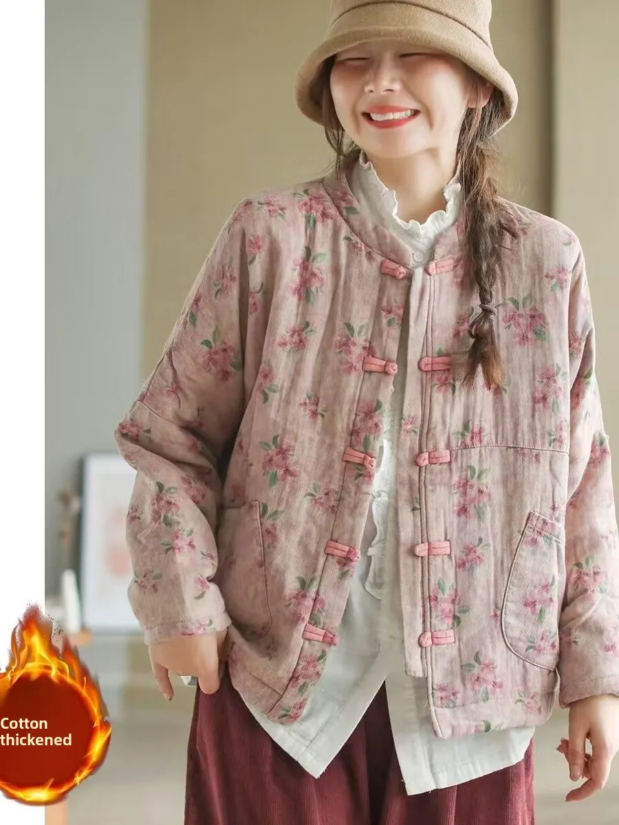 

New Chinese Sle Thin Cotton Button up Jaet Women's Winter Outerwear Commute Cotton Floral Print Traditional Tang Suit Coat