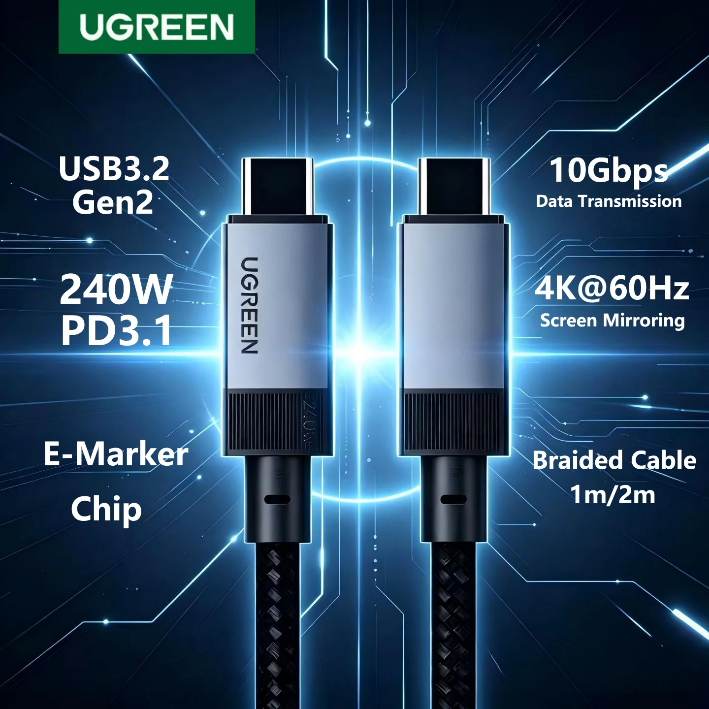 UGREEN 240W Type C To Type C Cable PD100W Fast Charging USB3.2 10Gbps data For Apple iPad Notbook charger Android Braided 1m 2m