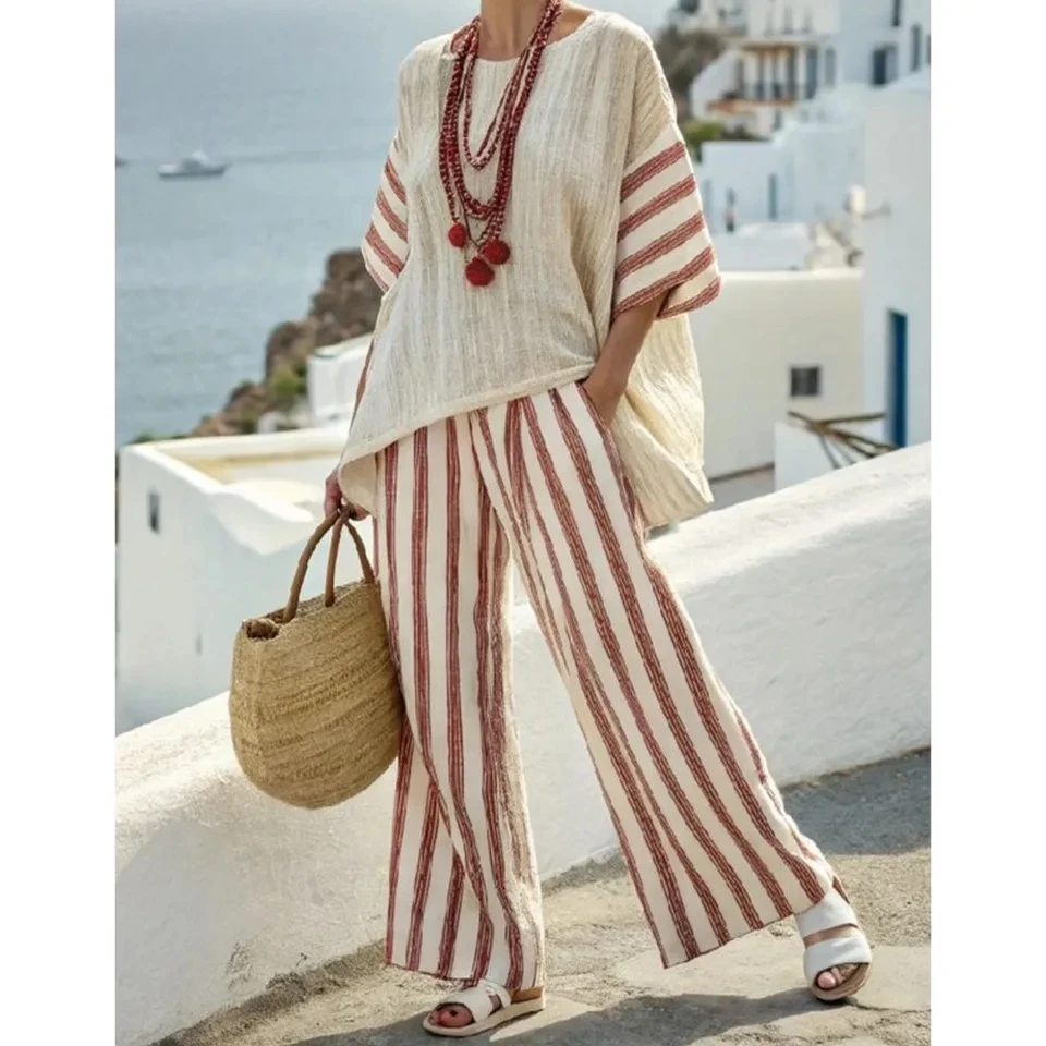 

Casual Printed Striped Short Sleeved Long Pants 2piece Set For Women's Summer Loose Retro Long Pants Pocket Vacation Women's Set